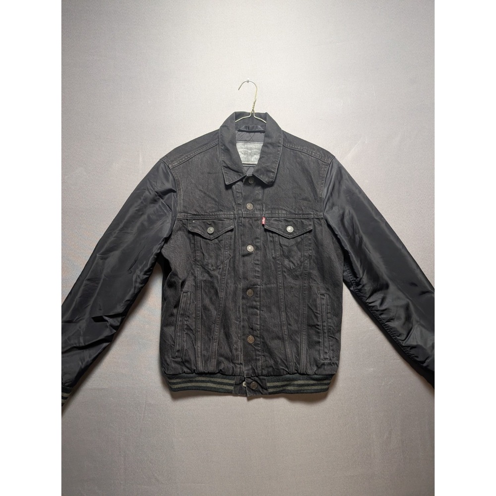 Levis Trucker Jacket Mens Small Black Denim Quilt Lined Logo Collared Snap Front